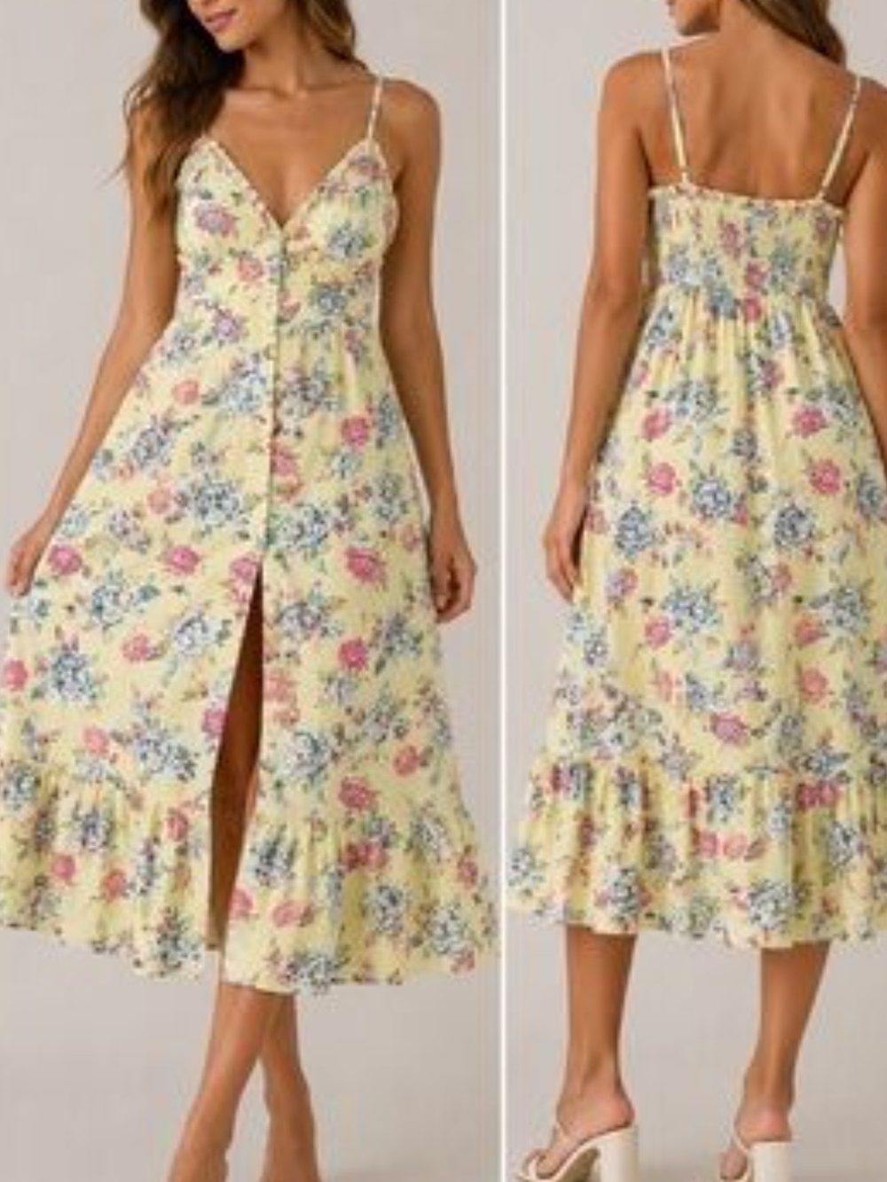 Forever 21 Yellow Floral Button-Front Midi Dress